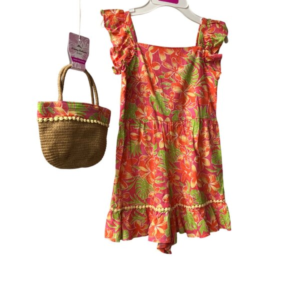 Tommy Bahama Girls‎ Floral Romper Dress & Straw Purse Set - Tropical Print 7 NWT - Picture 9 of 11